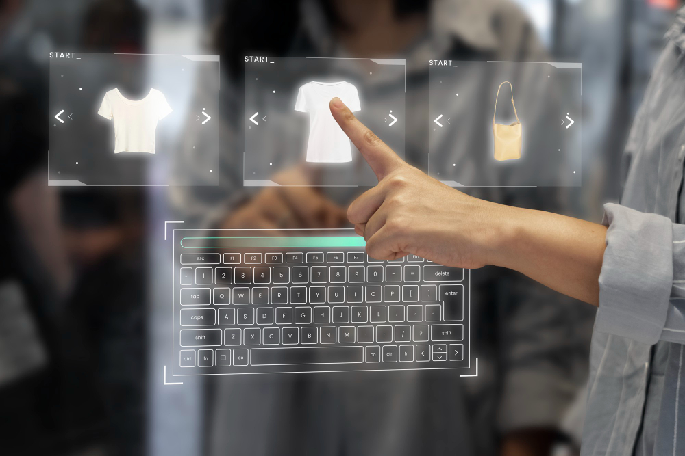 Hand interacting with a holographic product catalog for a WooCommerce store experience